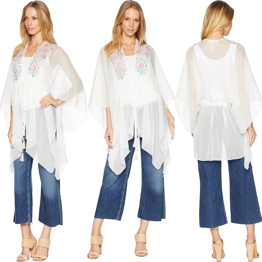 BCBG pastel floral embroidered tie waist semi sheer kimono. Size L